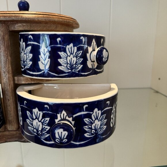 Apothecary Chest Latch Drawers Blue White Ceramic HEAVY Wood Bohemian Boho Decor - Picture 5 of 13